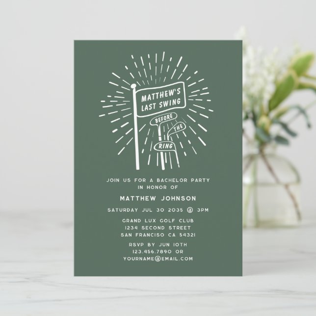 Modern Retro Bachelor Party Last Swing Golf Green Invitation (Standing Front)