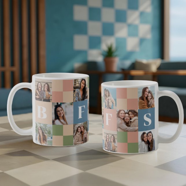 Modern Retro BFFS Chequerboard Pattern Photo Grid  Coffee Mug (Modern Retro BFFS Checkerboard Pattern Photo Grid Coffee Mug)