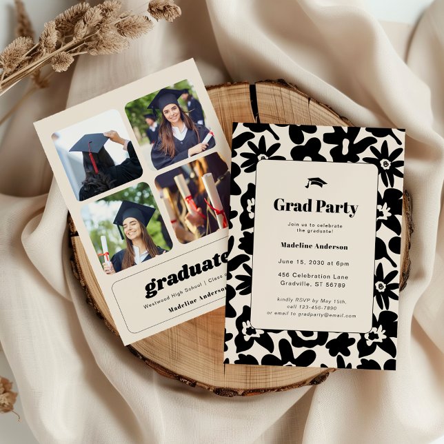 Modern Retro Black Floral Graduation Party Invitation (Creator Uploaded)