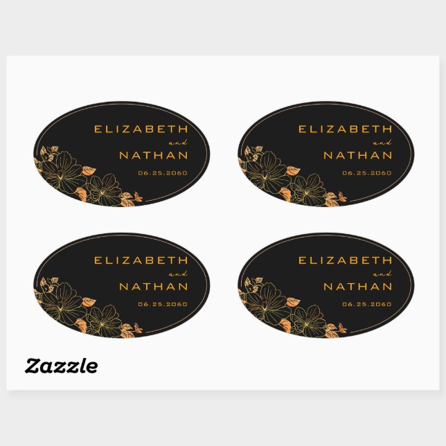 Modern Retro Black & Gold Floral Wedding Oval Sticker (Sheet)