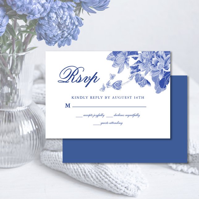 Modern Retro Blue and White Chinoiserie Floral  RSVP Card (Creator Uploaded)