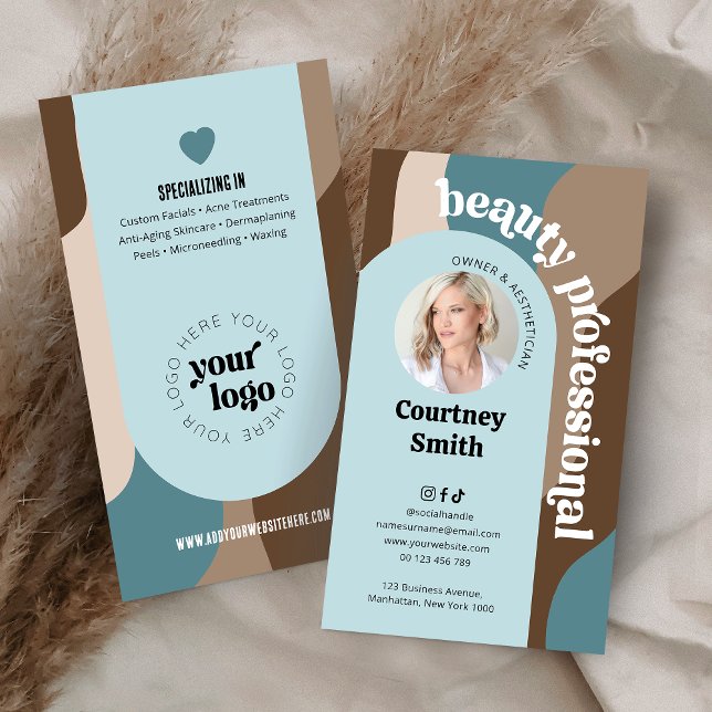 Modern Retro Blue & Beige Makeup Spa Beauty Salon Business Card (Modern retro beauty salon business cards with your photo and logo featuring groovy fonts)