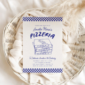 Modern Retro Blue Italian Pizzeria Pizza Party Invitation