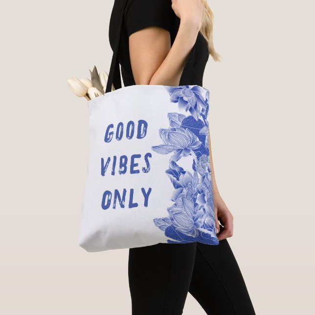 Modern Retro Blue Lotus Mandala Good Vibes Tote Bag (Close Up)