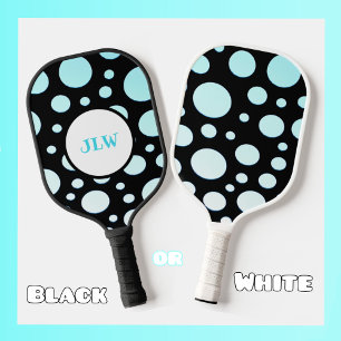 Modern Retro Blue Polka-dots on Black Pickleball Paddle