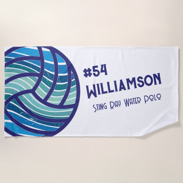Modern Retro Blue Water Polo Swim Monogram Beach Towel (Front)
