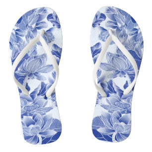 Modern Retro Blue Willow Chinoiserie Lotus Floral  Flip Flops