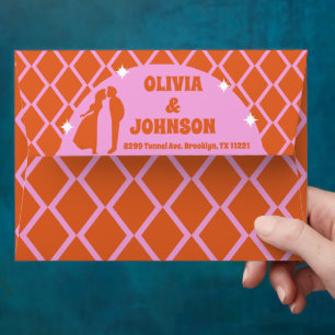 Modern Retro Boho Pink Orange Personalized Wedding Envelope