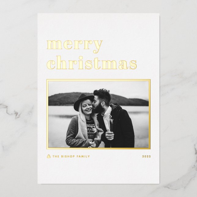 Modern Retro Bold Typography Photo Merry Christmas Foil Holiday Card (Front)