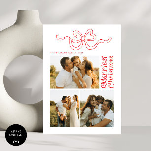 Modern Retro Bow Merry Christmas Photo Holiday Car Card