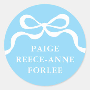 Modern Retro Boy Blue Bow Baby Birth Announcement  Classic Round Sticker