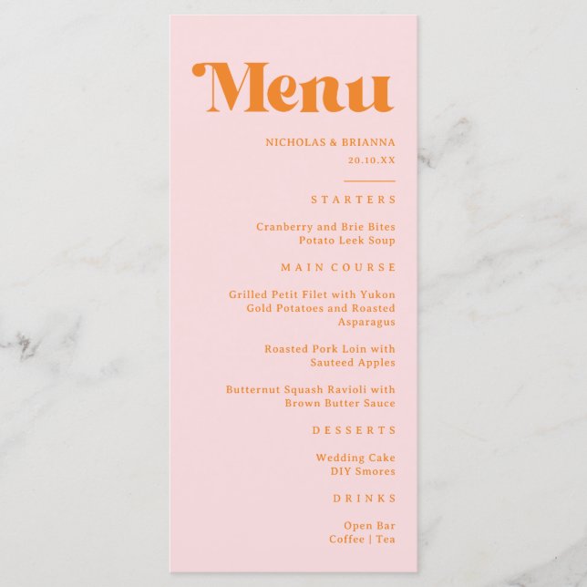 Modern Retro Bright Pink and Orange Wedding Menu (Front)
