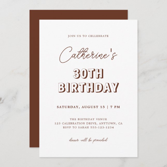 Modern Retro Brown 30th Birthday Party Invitation (Front/Back)
