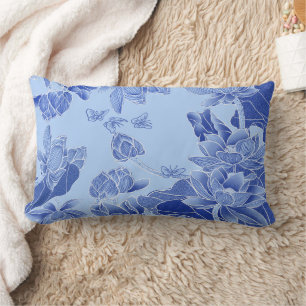 Modern Retro Chinoiserie Blue Lotus Mandala Lumbar Pillow