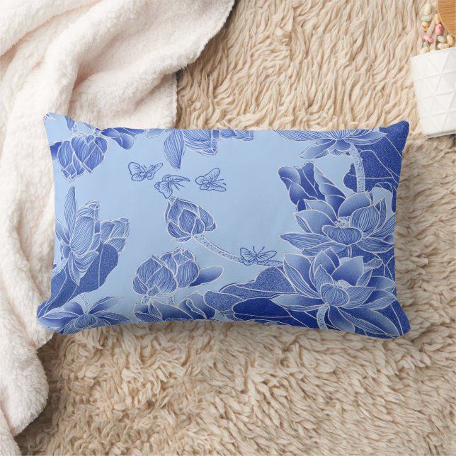 Modern Retro Chinoiserie Blue Lotus Mandala  Lumbar Pillow (Blanket)