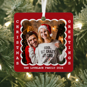 Modern Retro Christmas Greeting Photo Metal Ornament