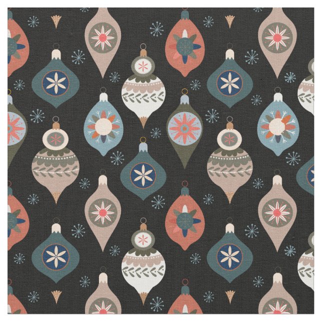 Modern Retro Christmas Ornaments Fabric (Close Up)