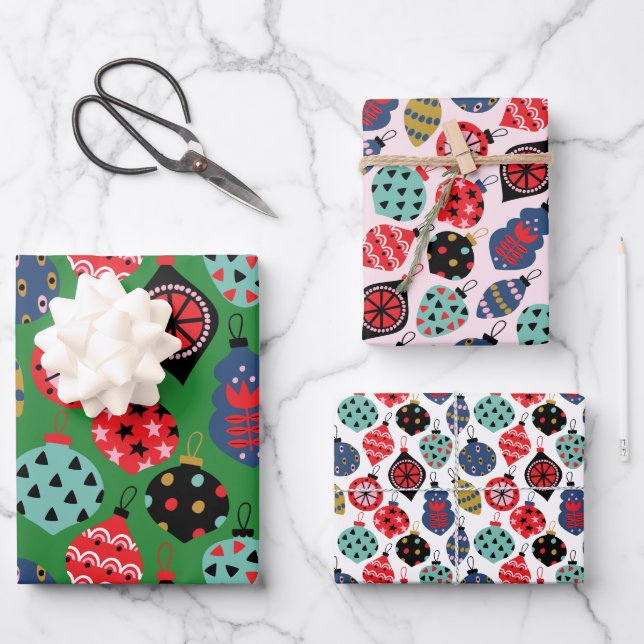 Modern Retro Colourful Christmas Ornament Pattern Wrapping Paper Sheet (Front)