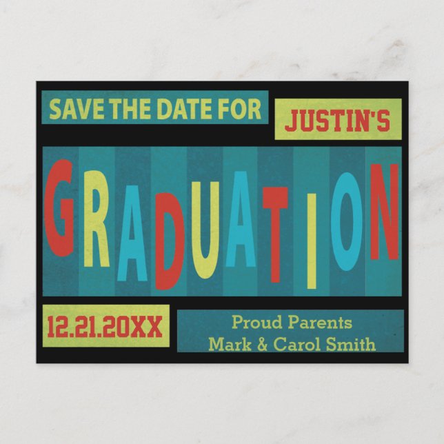 Modern Retro Colourful Graduation Save The Date Announcement Postcard (Front)