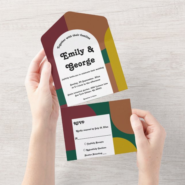 Modern Retro Colourful Groovy Abstract Art Wedding All In One Invitation (Tearaway)