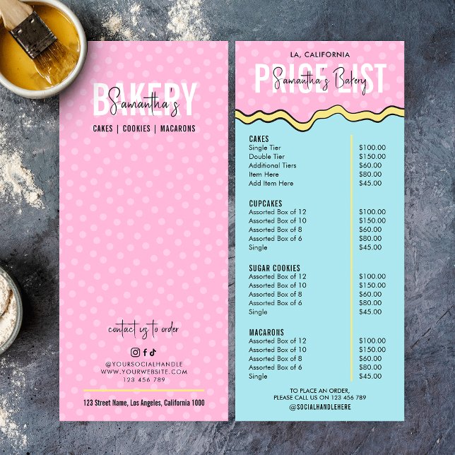 Modern Retro Colourful Pastry Chef Bakery Menu (Trendy and chic pastry chef pricing menu in pastel colors and comic style background)