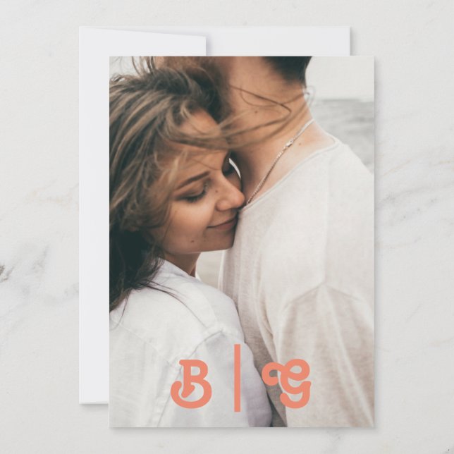 Modern Retro | Coral Casual Photo Monogram Invitation (Back)