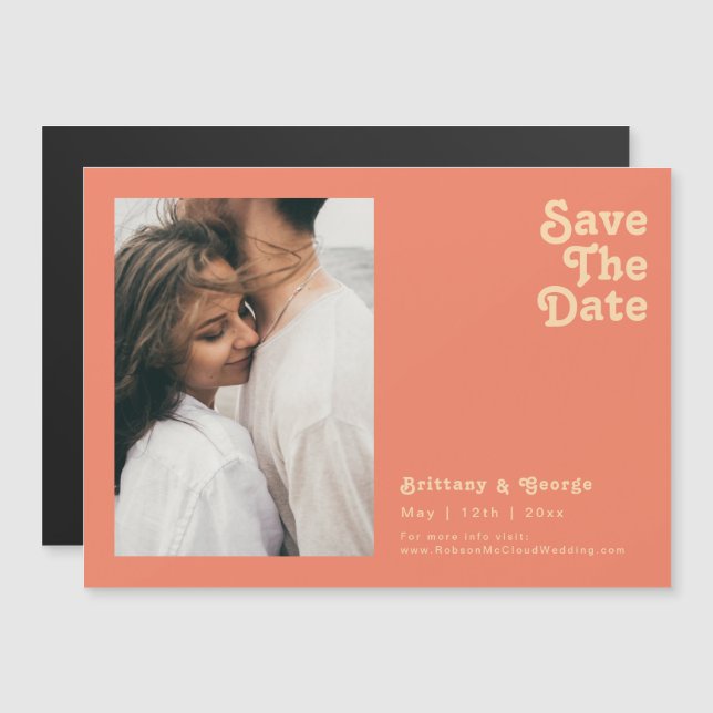 Modern Retro | Coral Horizontal Save The Date Magnetic Invitation (Front/Back)