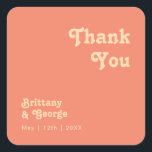 Modern Retro | Coral Thank You Wedding Favour Square Sticker<br><div class="desc">This modern retro | coral thank you wedding favour square sticker is perfect for your simple vintage, colourful tropical boho summer wedding. Its unique bohemian mid-century font gives this design a classic minimalist groovy hippie vibe. If you're looking for a design that features bright, bold colours for your creative 70's...</div>