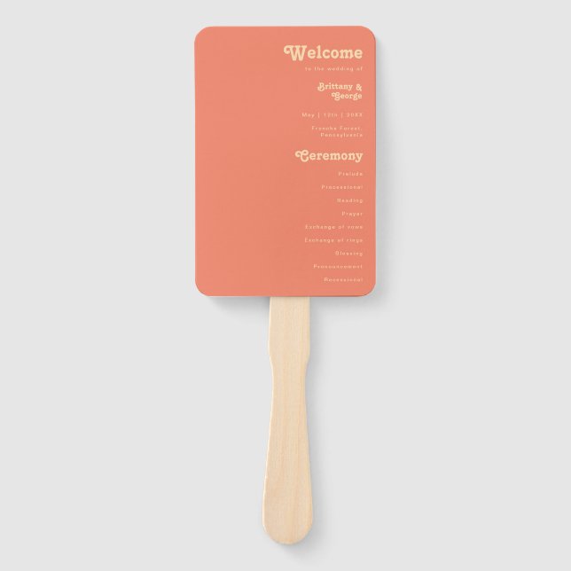 Modern Retro | Coral Wedding Program Hand Fan (Front)