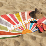 Modern Retro Custom Name Fun Vintage Rainbow Beach Towel<br><div class="desc">Introducing the Custom Name Beach Towel with a Modern Retro Fun Vintage Rainbow Sun Burst Illustration - the perfect addition to your summer! This towel is a unique and personalized piece that features a vibrant and colourful sunburst design, reminiscent of the retro aesthetic of the 60s and 70s. The rainbow-coloured...</div>