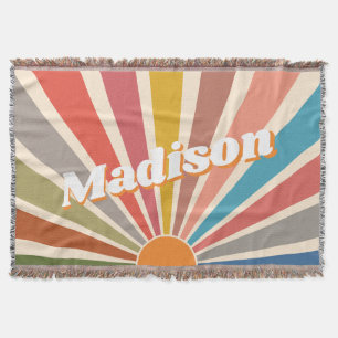 Modern Retro Custom Name Fun Vintage Rainbow Throw Blanket