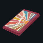 Modern Retro Custom Name Fun Vintage Rainbow Trifold Wallet<br><div class="desc">Introducing the Custom Name wallet with a Modern Retro Fun Vintage Rainbow Sun Burst Illustration. This wallet is a unique and personalized piece that features a vibrant and colourful sunburst design, reminiscent of the retro aesthetic of the 60s and 70s. The groovy rainbow-coloured sunburst illustration on this wallet is eye-catching...</div>