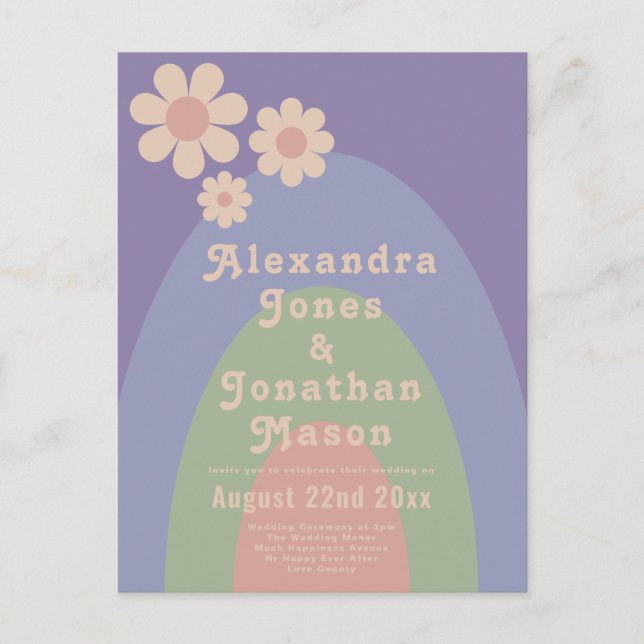 Modern Retro Daisy Arch Wedding Invitation Postcard (Front)