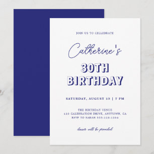Modern Retro Dark Blue 30th Birthday Party Invitation