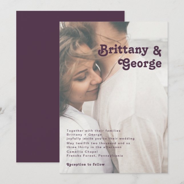 Modern Retro | Dark Purple Faded Photo Wedding Invitation (Front/Back)