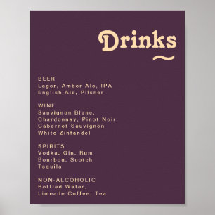 Modern Retro Dark Purple Wedding Drinks Menu Sign