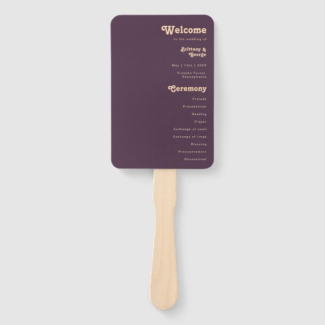 Modern Retro | Dark Purple Wedding Program Hand Fan (Front)
