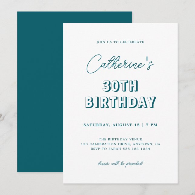 Modern Retro Dark Teal 30th Birthday Party Invitation (Front/Back)