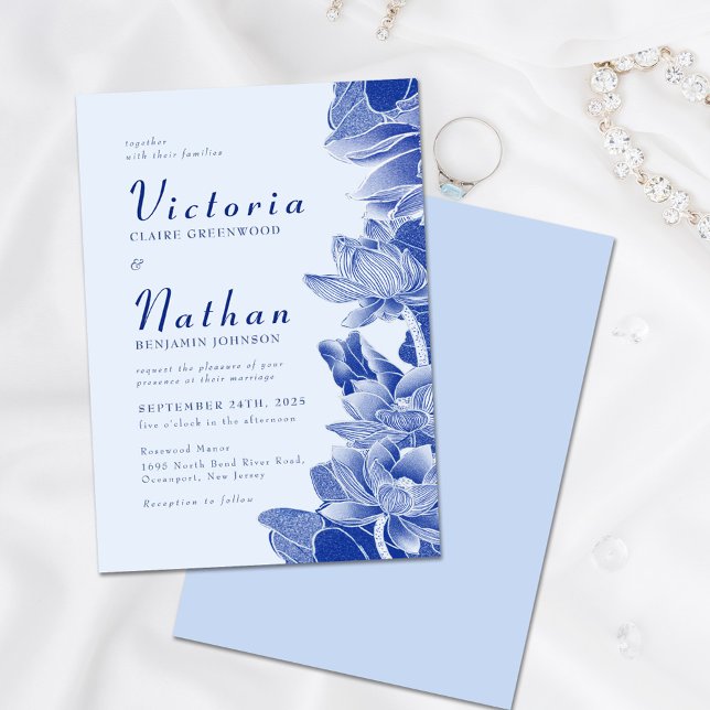 Modern Retro Dusty Blue Chinoiserie Floral Wedding Invitation (Creator Uploaded)