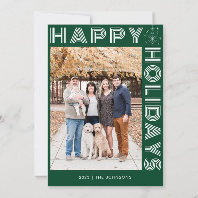 Modern Retro Elegant One Photo Custom Dark Green Holiday Card (Front)