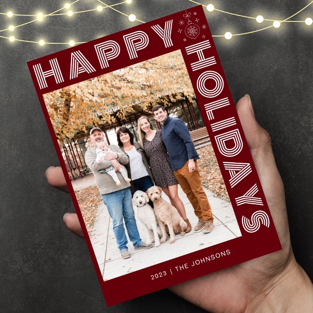 Modern Retro Elegant One Photo Custom Dark Red Holiday Card (Creator Uploaded)