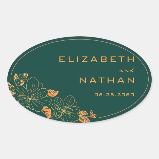 Modern Retro Emerald Green Gold Floral Wedding Oval Sticker (Front)