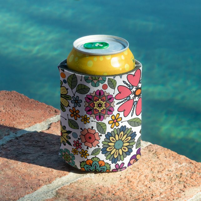 Modern Retro Floral Drawing Seamless Pattern Art Can Cooler (In Situ Pool)