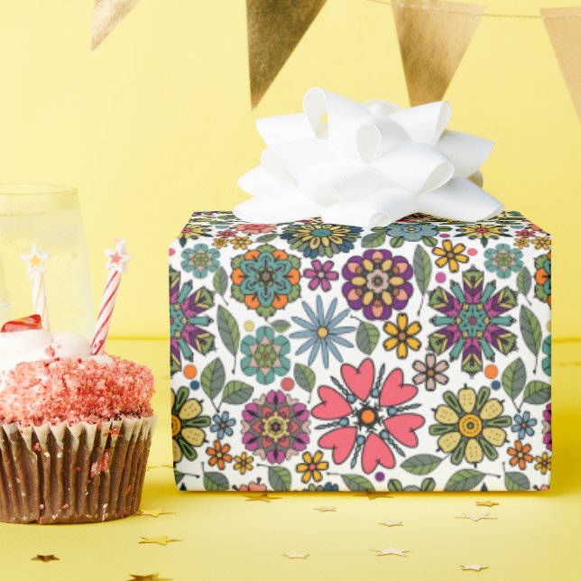 Modern Retro Floral Drawing Seamless Pattern Art Wrapping Paper (Birthday Party)