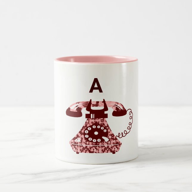 Modern Retro Floral Hand Drawn Pink Phone Initial Two-Tone Coffee Mug (Center)
