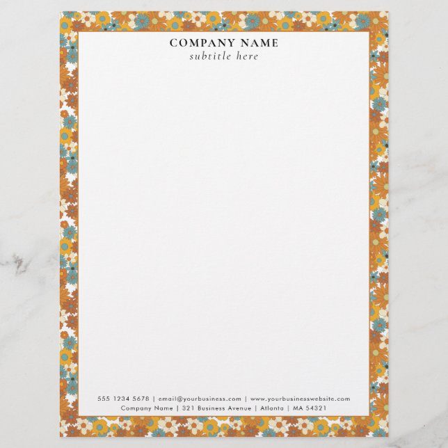 Modern Retro Floral Pattern Company Name Details Letterhead (Front)