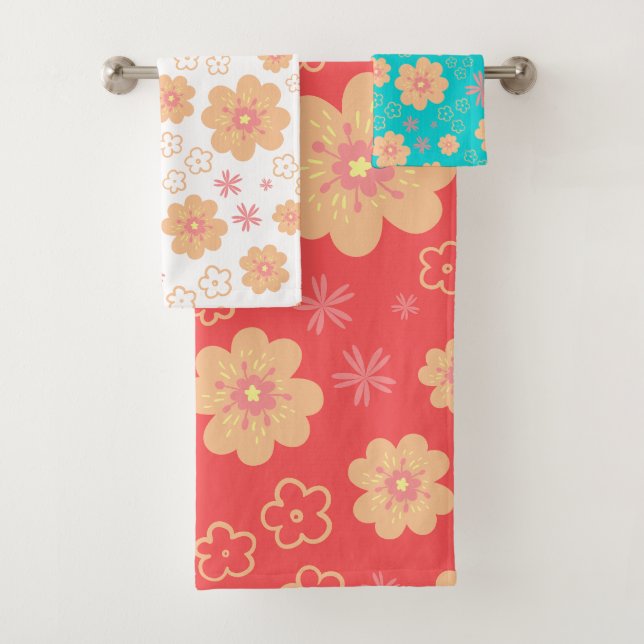 Modern Retro Flowers Pattern Bath Towel Set (Insitu)