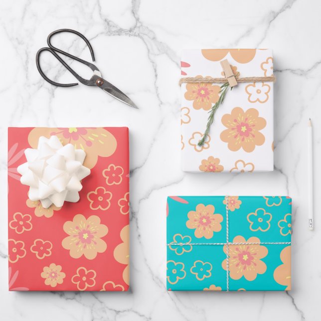 Modern Retro Flowers Pattern Wrapping Paper Sheet (Front)