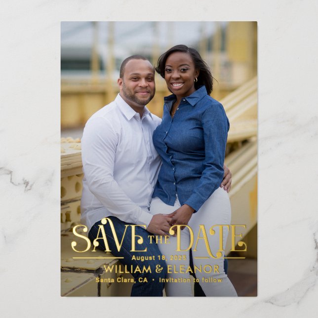 Modern Retro FOIL Wedding Save The Date Card (Front)