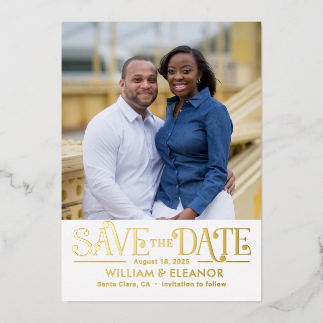 Modern Retro FOIL Wedding Save The Date Card (Front)